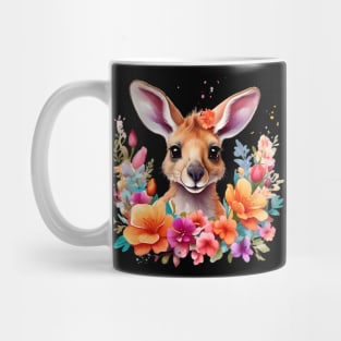 A baby kangaroo decorated with beautiful watercolor flowers. Mug